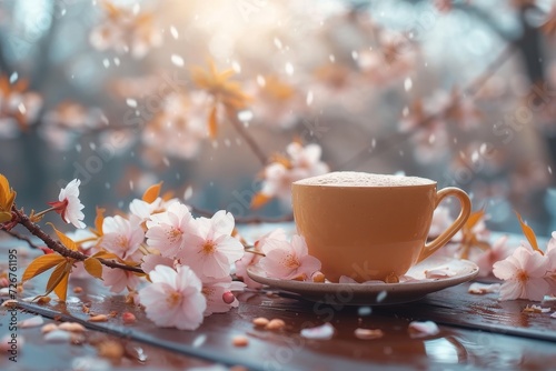 A delicate porcelain cup of steaming coffee rests upon a floral saucer, bringing a touch of spring to the morning tableware set amidst a serene outdoor setting