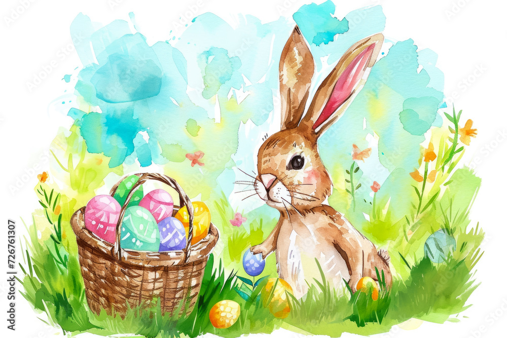 watercolor illustration of a bunny holding a basket of Easter eggs, with a beautiful garden in the background. watercolor illustration of a bunny holding a basket of Easter eggs, with a beautiful garden in the background.