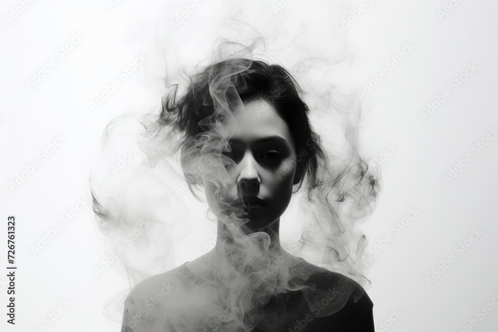 Double exposure portrait of a young woman with a smoke, copy space