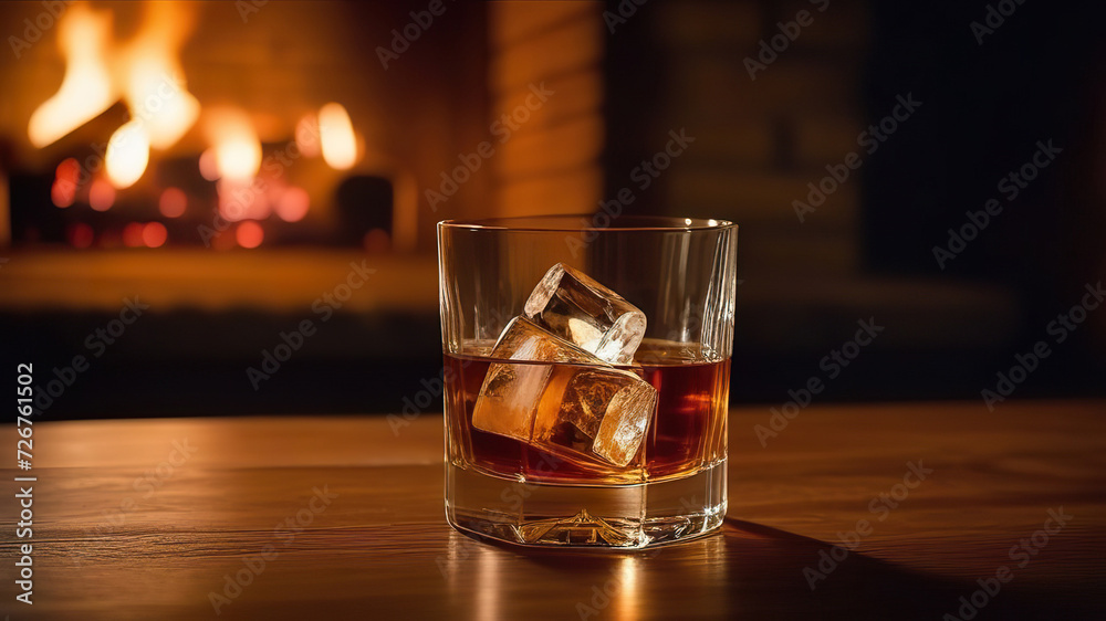 Glass of whiskey with ice cubes on a wooden table with a burning fireplace in the background. Generated AI Glass of whiskey with ice cubes on a wooden table with a burning fireplace in the background. Generated AI