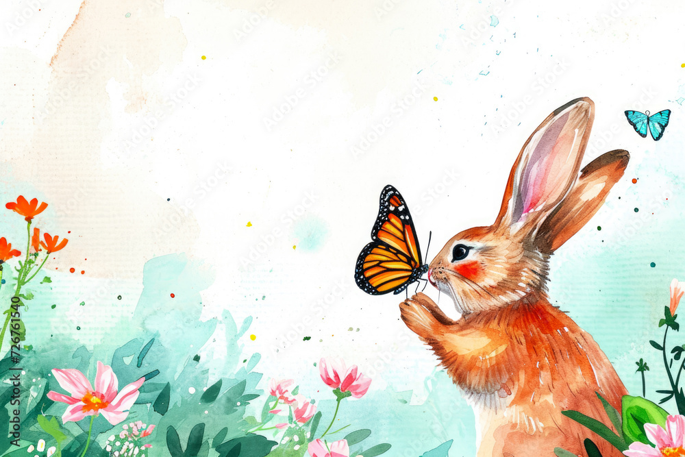 watercolor illustration of a bunny holding a butterfly, with a beautiful garden in the background.