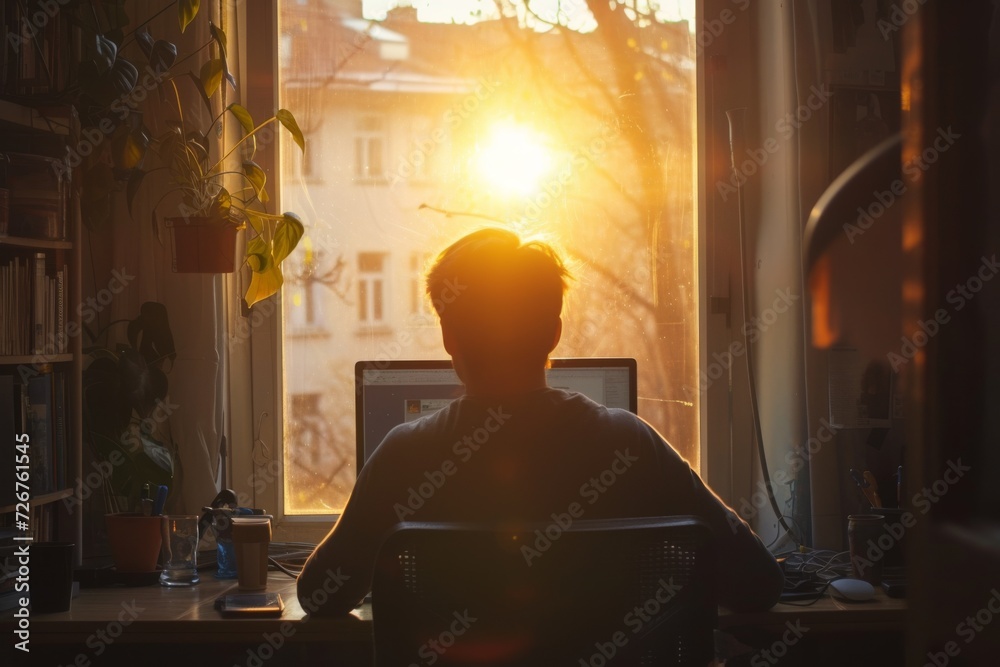 Silhouette of person at computer during sunset Silhouette of person at computer during sunset