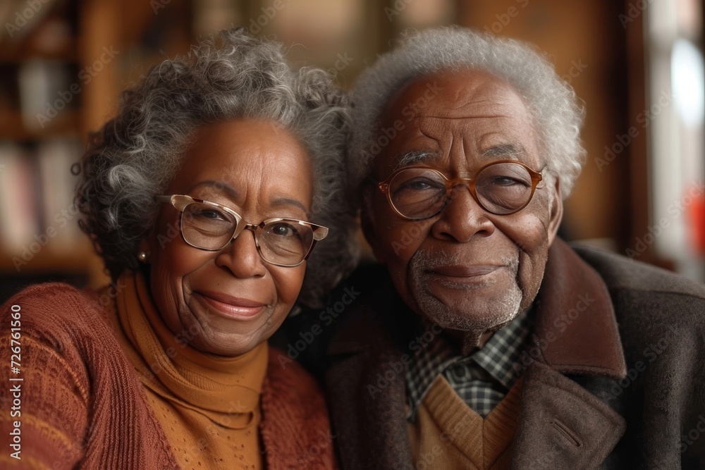 An elderly couple proudly pose for a photo, their warm smiles and stylish glasses highlighting a lifetime of love and laughter