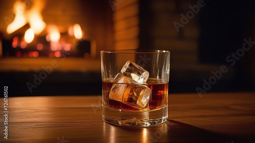 Glass of whiskey with ice cubes on a wooden table with a burning fireplace in the background. Generated AI