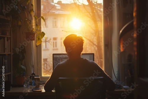Silhouette of person at computer during sunset