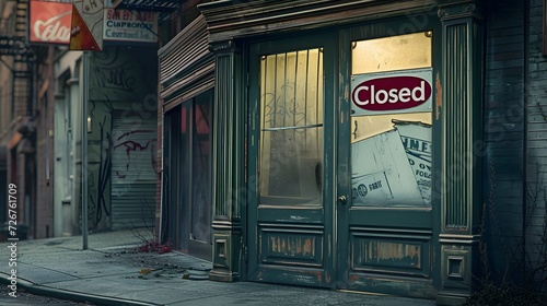 Deserted urban alleyway with a closed sign on the door of a vintage storefront, evoking a sense of abandonment. 