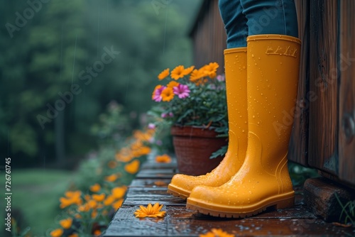 A fashionable individual embraces the outdoors in their vibrant yellow rain boots, standing confidently on a wooden ledge adorned with beautiful flowers