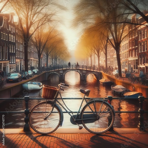 Illustration of a bicycle in the canals of Amsterdam, Holland