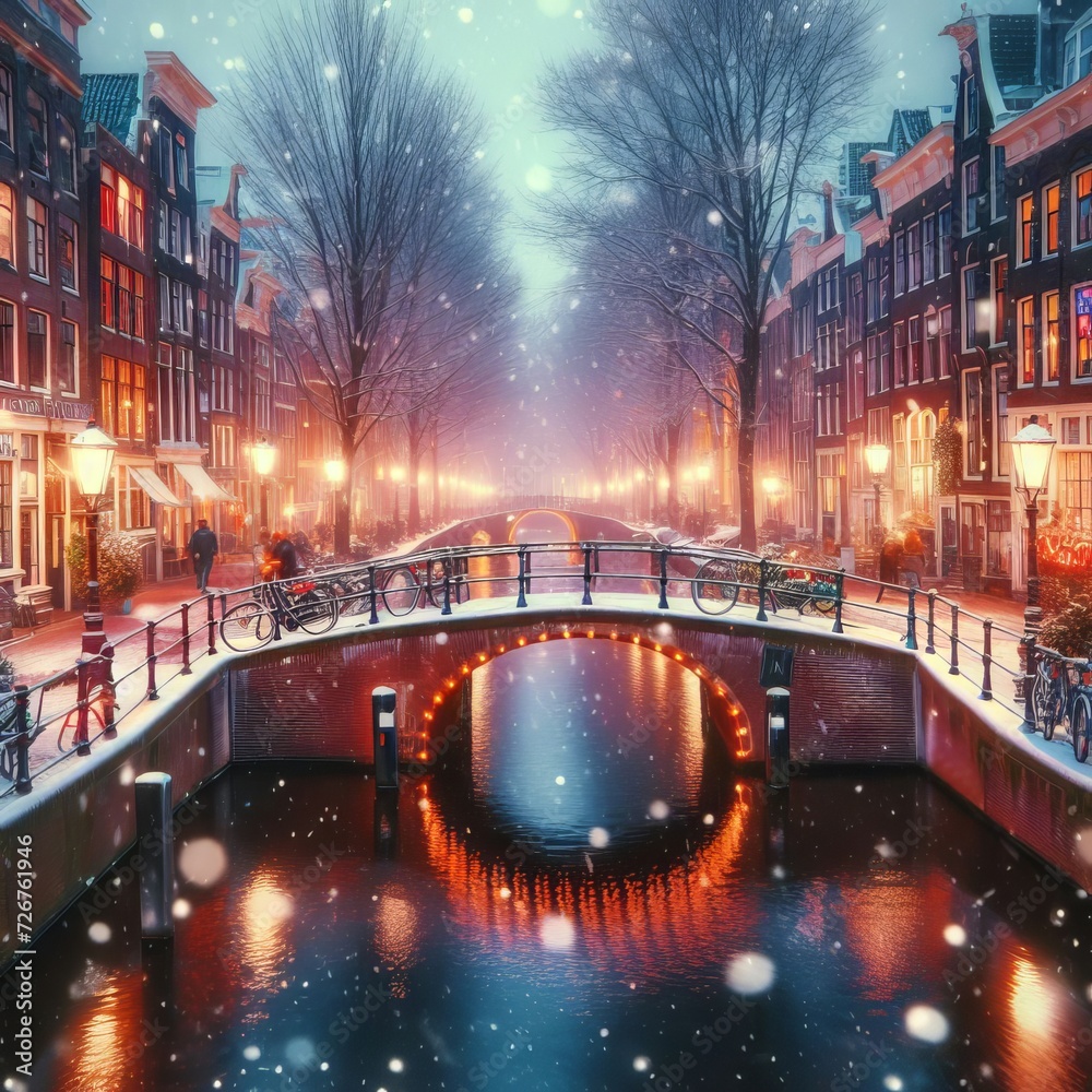 Obraz premium Amsterdam canal design in the winter with snow