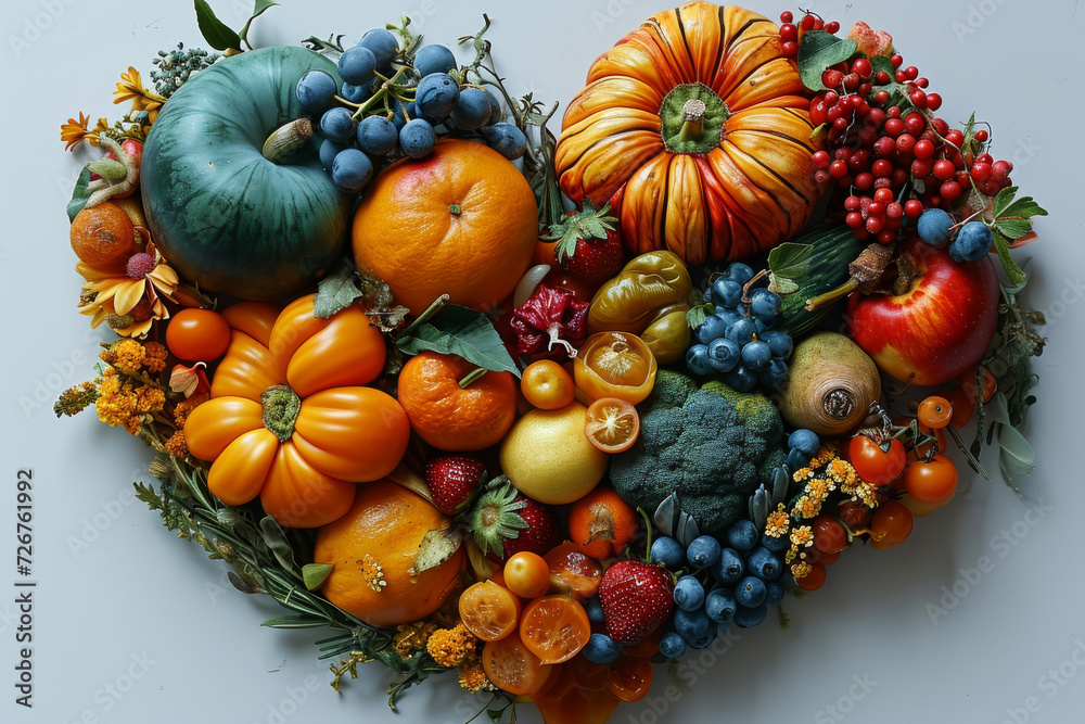 Heart-Shaped Arrangement of Fruits and Vegetables. A visually appealing arrangement of various fruits and vegetables meticulously arranged in the shape of a heart.