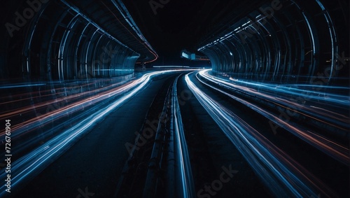 Abstract blue light trails in the dark  motion blur effect