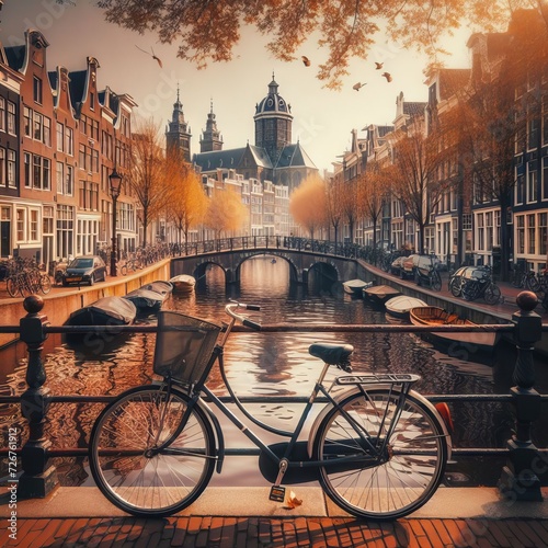 Illustration of a bicycle in the canals of Amsterdam, Holland
