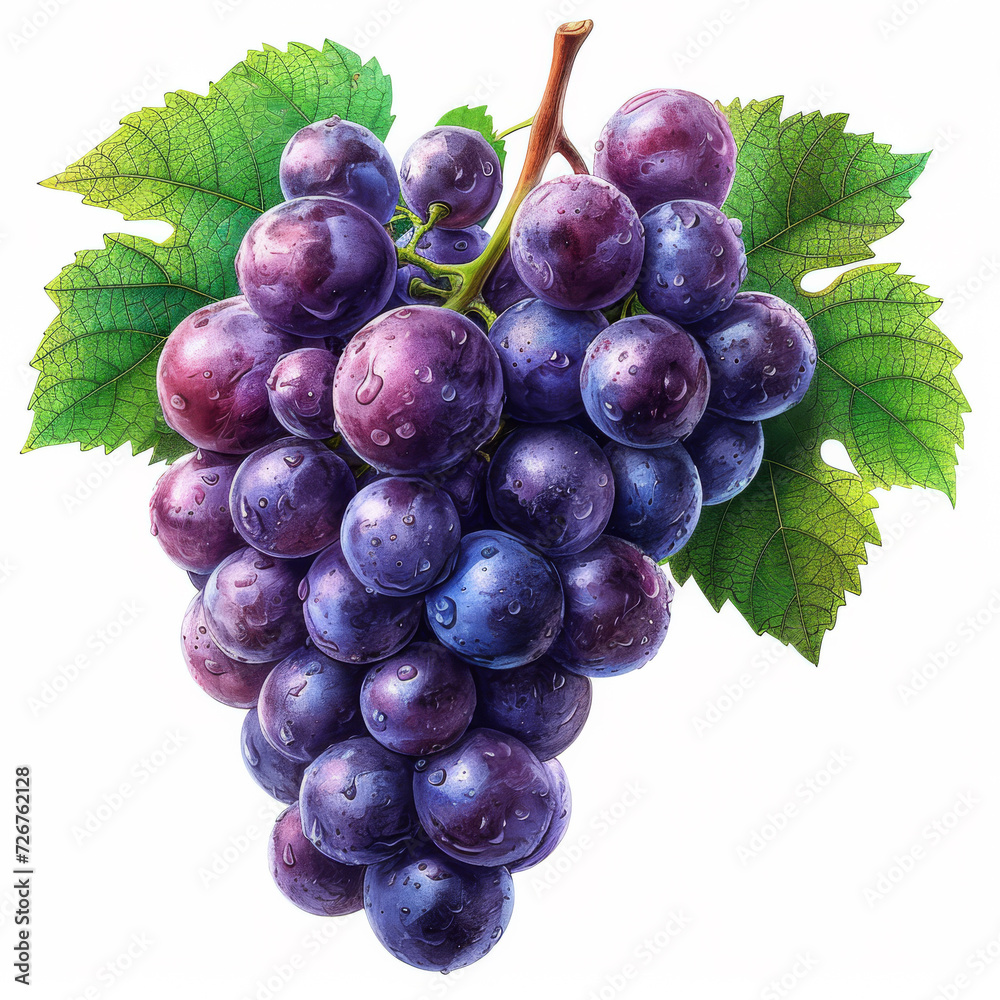 Fototapeta premium A Painting of a Bunch of Grapes With Green Leaves. This photograph captures a painting depicting a cluster of grapes with vibrant green leaves.