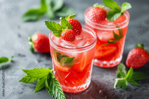 Two glasses of strawberry smoothie. Strawberry smoothie. Vegan smoothie or milkshake from strawberry, mint on wooden table background. Clean eating, alkaline diet. Top view. Mock up.