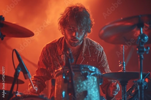 A passionate musician beats to the rhythm of the red-lit stage, his tomtom drum resounding with the energy of a rock concert photo