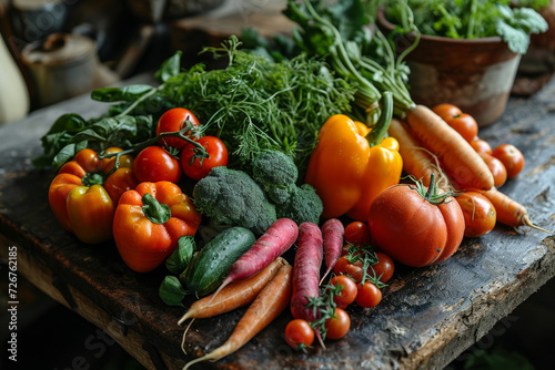 Assorted Vegetables on a Table. A table covered with a diverse selection of vegetables, featuring a variety of colors, shapes, and textures.