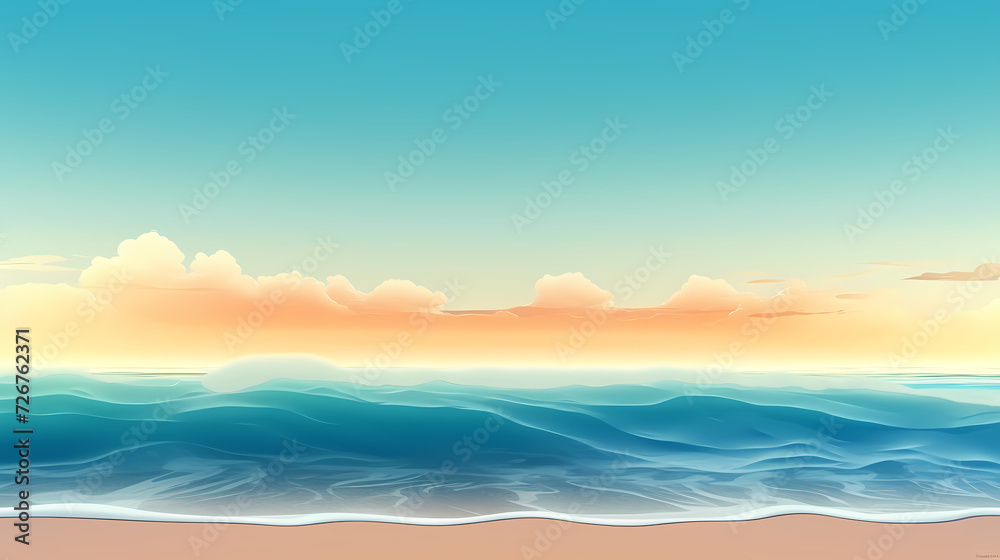 Sandy beach with light blue transparent water waves and sunlight, tranquil aerial beach scene