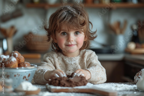 a young child  an aspiring chef s assistant  busily prepares the dough for chocolate muffins in the home kitchen