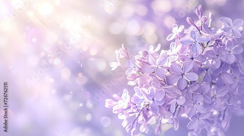 Beautiful Wide Angle soft spring background with lilac flowers. Panoramic pastel floral pink and purple template Web banner. greeting card with Copy Space. Illustration for Albums, notebooks. © Irina
