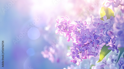 Beautiful Wide Angle soft spring background with lilac flowers. Panoramic pastel floral pink and purple template Web banner. greeting card with Copy Space. Illustration for Albums, notebooks. photo