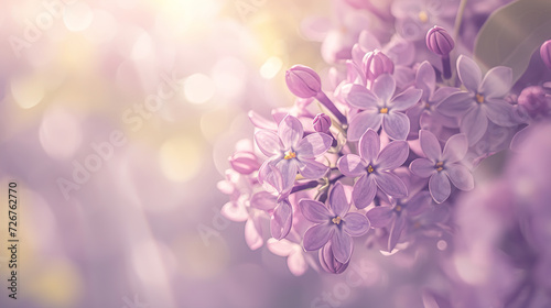 Beautiful Wide Angle soft spring background with lilac flowers. Panoramic pastel floral pink and purple template Web banner. greeting card with Copy Space. Illustration for Albums, notebooks.