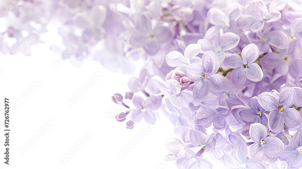 Beautiful Wide Angle soft spring background with lilac flowers. Panoramic pastel floral pink and purple template Web banner. greeting card with Copy Space. Illustration for Albums, notebooks.