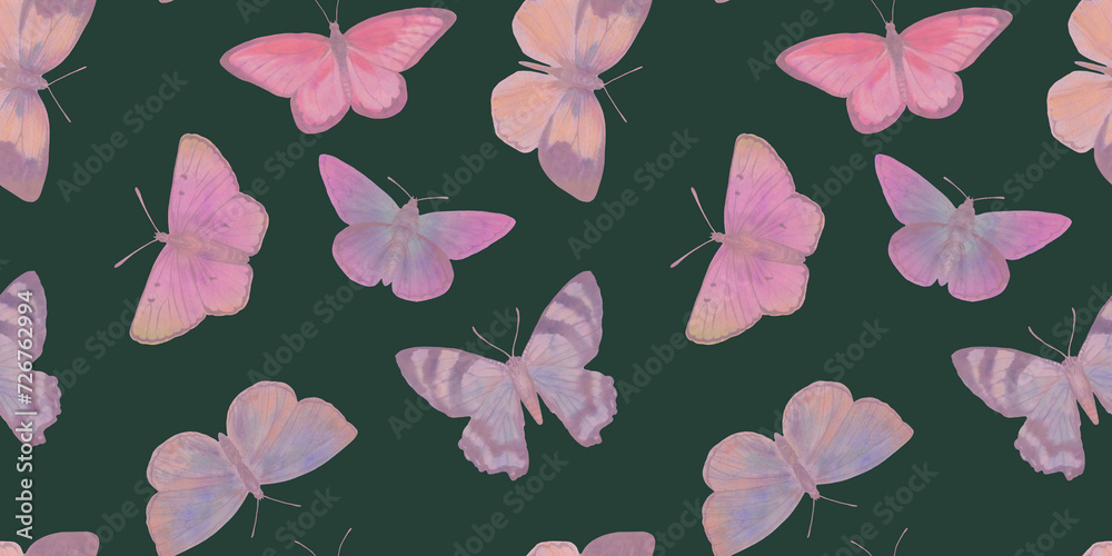 seamless botanical pattern, pink butterflies on green background