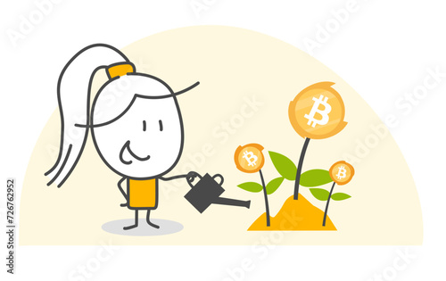 Stick figures. Bitcoin. Isolated on white background. Hand drawn doodle line art cartoon design character.