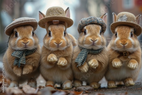 A charming group of furry mammals donning hats and scarves sit and stand on the outdoor ground, their brown heads adorned with playful accessories, reminiscent of beloved toy characters