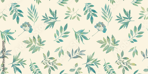 botanical watercolor pattern of branches  leaves and berries  autumn background for packaging design  wallpaper  print