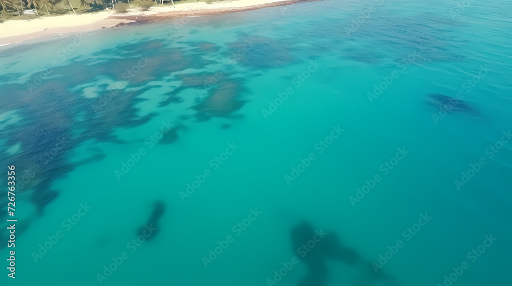 Sandy beach with light blue transparent water waves and sunlight, tranquil aerial beach scene