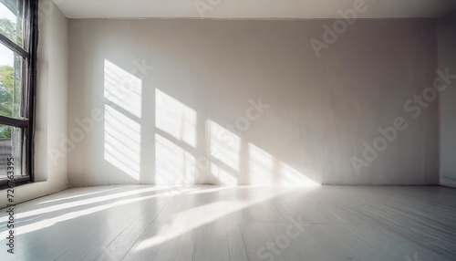 empty room wall white background for product presentation with shadow and light from windows, in the style of minimalist background, modern interior concept