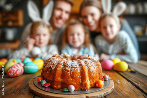 Springtime tradition: family with children rejoicing over easter cake and painted eggs at dinner table photo