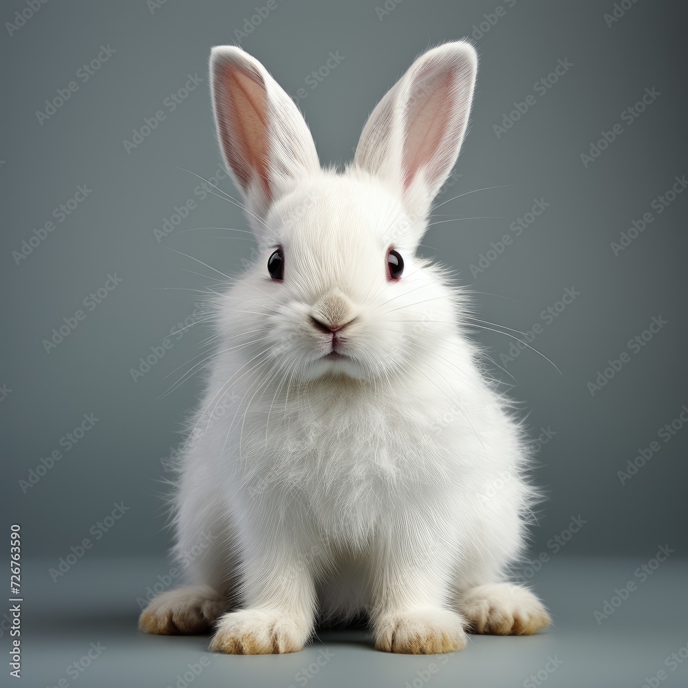 Cute white rabbit isolated. White hare close-up. Easter bunny. Veterinarian consultation. Rodent specialist. Smart pet furry rodent. Food for rodents. Generative AI.