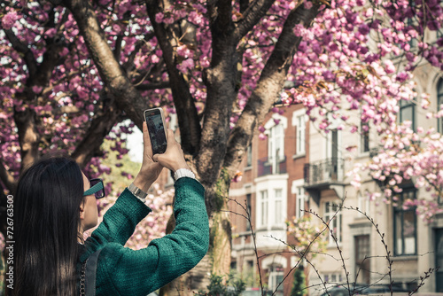 The girl shoots a video on the phone blooming sakura trees.