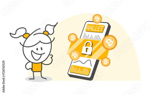 Stick figures. Bitcoin. Isolated on white background. Hand drawn doodle line art cartoon design character.