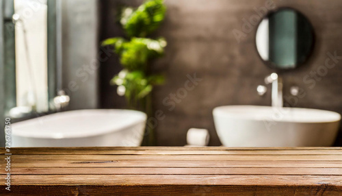 Empty wooden podium on table over blurred bathroom background for product placement.