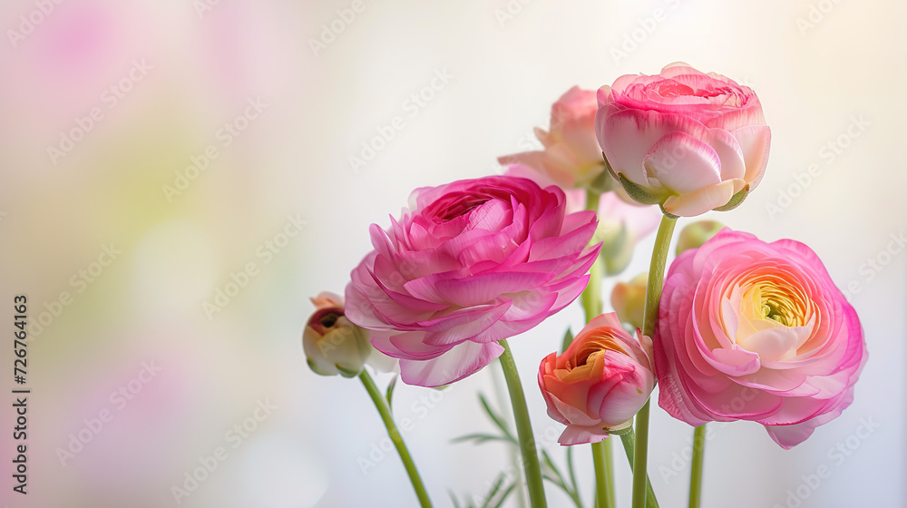 Set with beautiful spring ranunculus Flowers on Background. Banner design. Illustration for Albums, notebooks. Web banner. greeting card with Copy Space Set with beautiful spring ranunculus Flowers on Background. Banner design. Illustration for Albums, notebooks. Web banner. greeting card with Copy Space