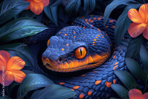 Illustration of a snake in tropical greenery and flower for 2025 calendar, the year of the snake, with a focus on patterns and colors.