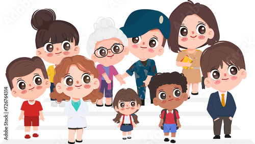 Cute cartoon people difference in job and occupation stop crossing the crosswalk by red color traffic light.