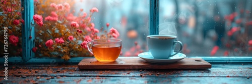 A refreshing cup of tea, served in a delicate orange teacup on a flower-adorned saucer, sits atop a quaint table by the window, bringing a sense of tranquility to the morning scene
