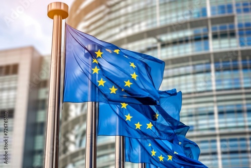 EU flags in front of a glass building