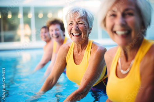 Seniors smiling, enjoying a group exercise in a pool, promoting active and healthy lifestyles.