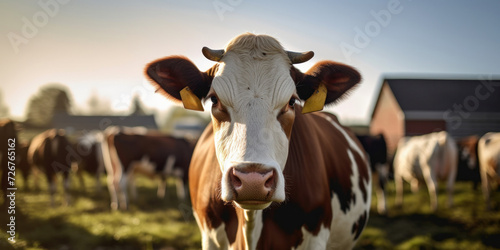 Pretty cow with an ear tag, part of a herd, standing in a rural pasture, looking with curiosity.