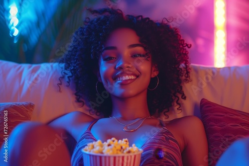 A woman's joyful smile lights up the indoor room as she indulges in birthday cake and popcorn, surrounded by the comfort of a cozy couch and a decorative wall photo