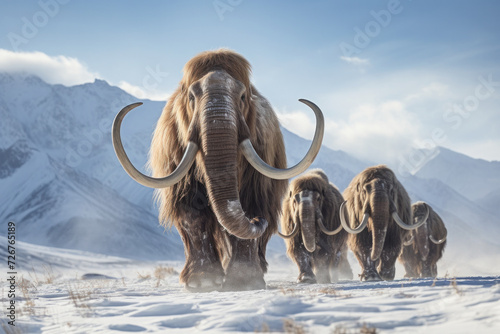 A scenic winter landscape with a herd of mammoths in a snowy environment.