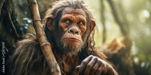 A serious-looking chimpanzee, a human-like ancestor, in a wildlife portrait amid nature.