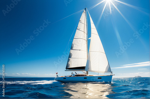 Sailing Serenity: Graceful Sailboat Dance on Azure Waters in Radiant Sunlight. generative AI © EVISUAL