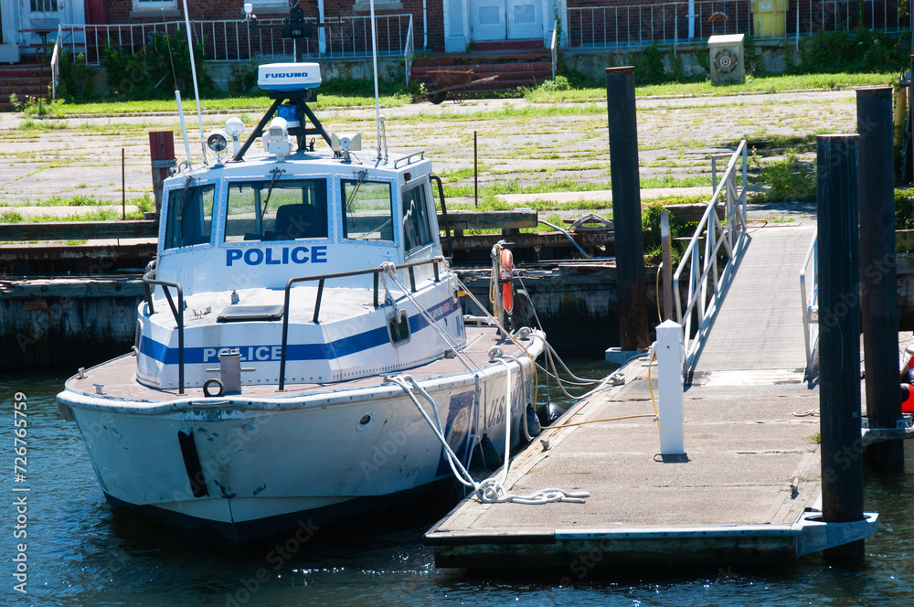 American police boat on the pier American police boat on the pier