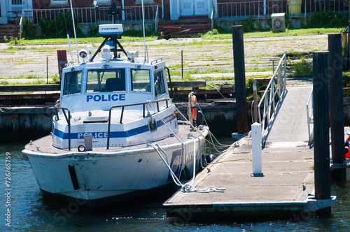 American police boat on the pier